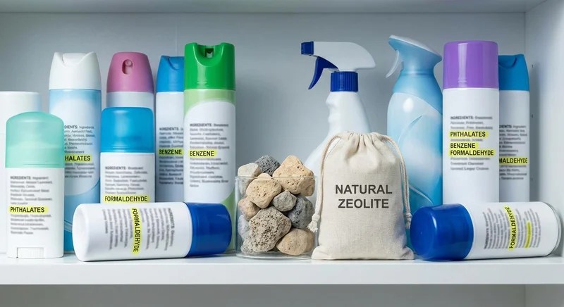유해 성분 표시된 방향제 제품들, 흰 선반 위 진열