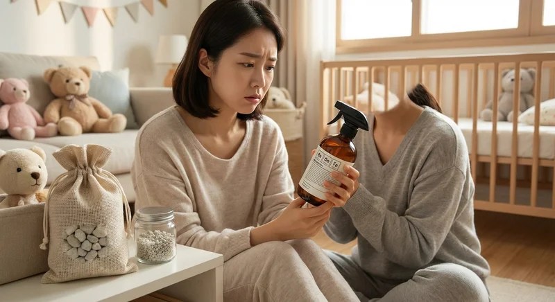 화학 탈취제 성분표를 걱정스럽게 읽는 엄마