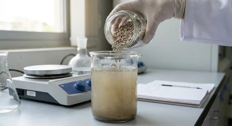 탁한 폐수에 뿌려진 천연 제올라이트 입자