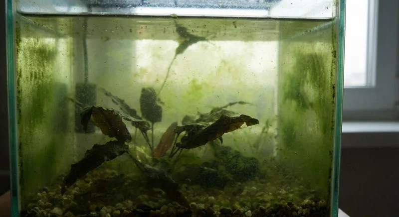 탁하고 녹조 낀 더러운 어항 내부 모습