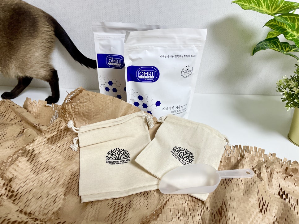 Realistic photo of a home corner with odor source measurement tools and white zeolite bags placed on