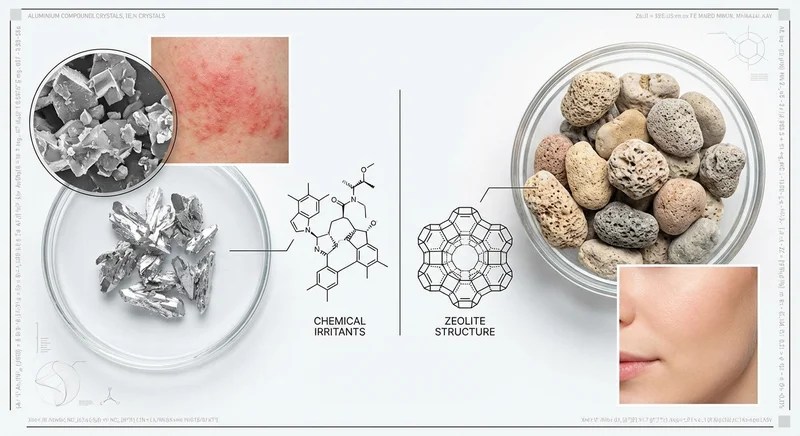 확대된 알루미늄 화합물 결정과 자극받은 피부 사진
