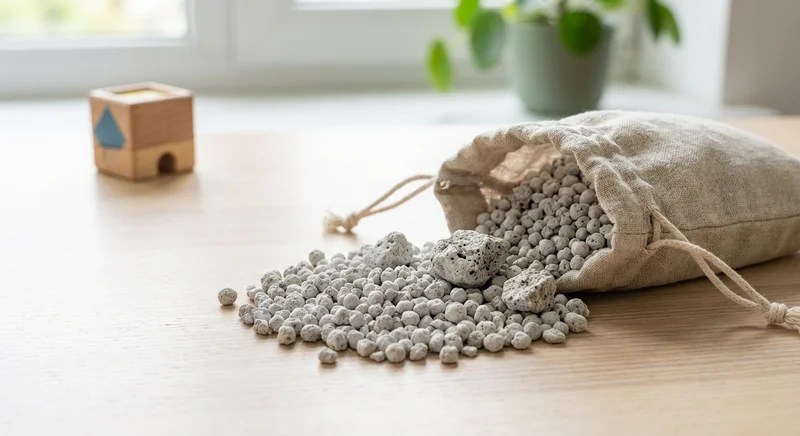 천연 제올라이트 광물 펠렛, 베이지색 리넨 주머니