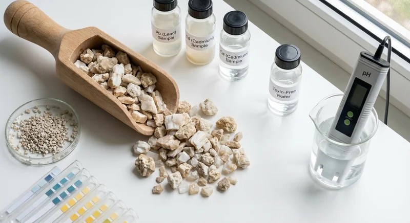 다양한 크기의 제올라이트 광물 결정과 중금속 시료가 담긴 실험실 풍경