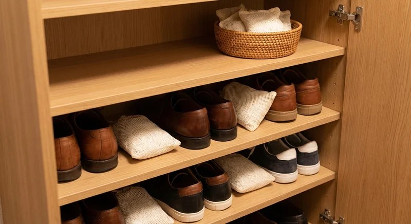 신발장 내부, 제올라이트와 신발이 깔끔하게 정리된 모습