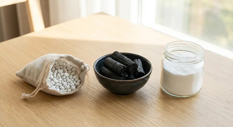 창가 자연광 아래 놓인 천연 탈취제 세 가지