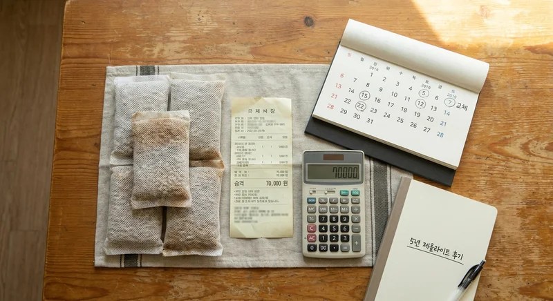 정돈된 테이블 위 제올라이트 필터, 영수증, 계산기, 달력