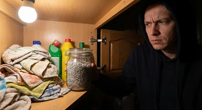 환기 없는 좁은 찬장에 제올라이트 병을 넣는 좌절한 표정