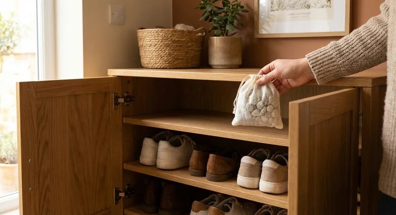 신발장 선반에 제올라이트 광물 망을 놓는 모습