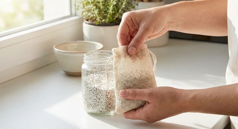 창가에서 보이는 깨끗한 주방 싱크대 위, 제올라이트 알갱이를 망태에 담는 모습