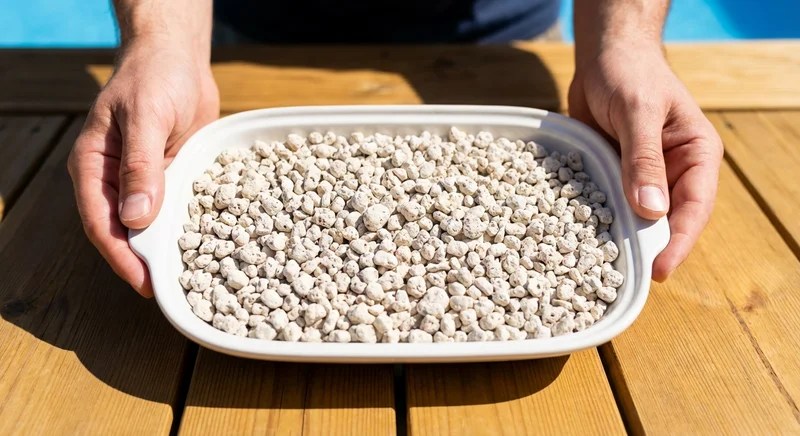 햇볕에 말리는 하얀 쟁반 위 제올라이트 알갱이