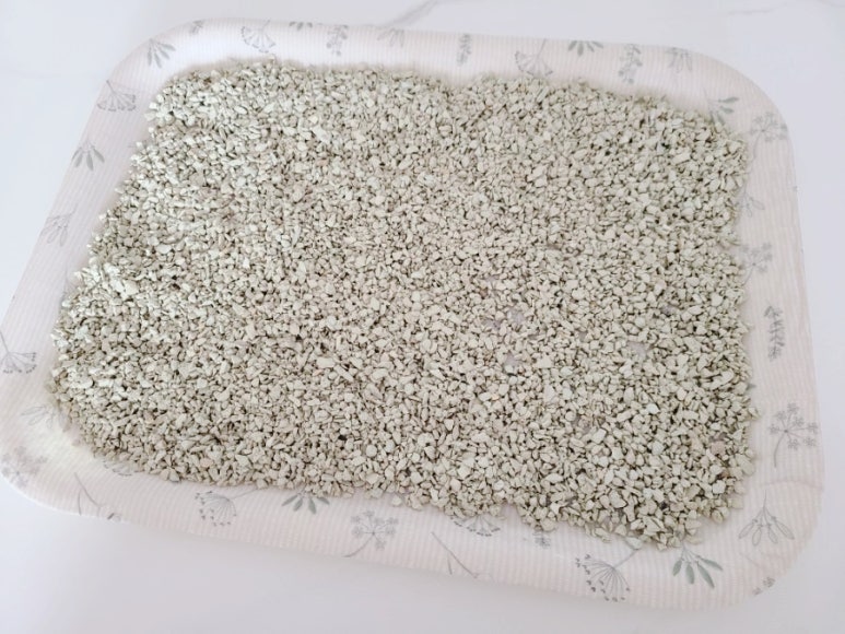 Cat litter area with a tray of white mineral pellets and a clean environment, emphasizing hygiene an