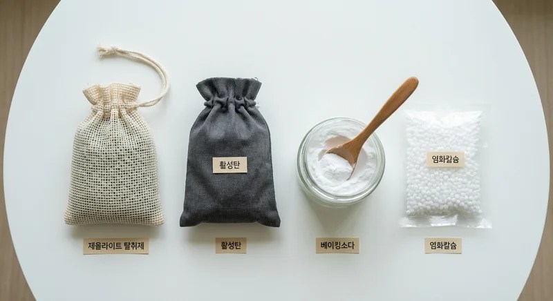 흰색 표면에 나란히 놓인 제올라이트, 활성탄, 베이킹소다, 염화칼슘 비교