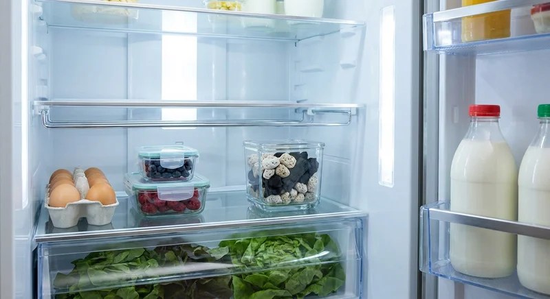 정돈된 냉장고 안, 제올라이트와 활성탄 탈취제, 신선한 채소