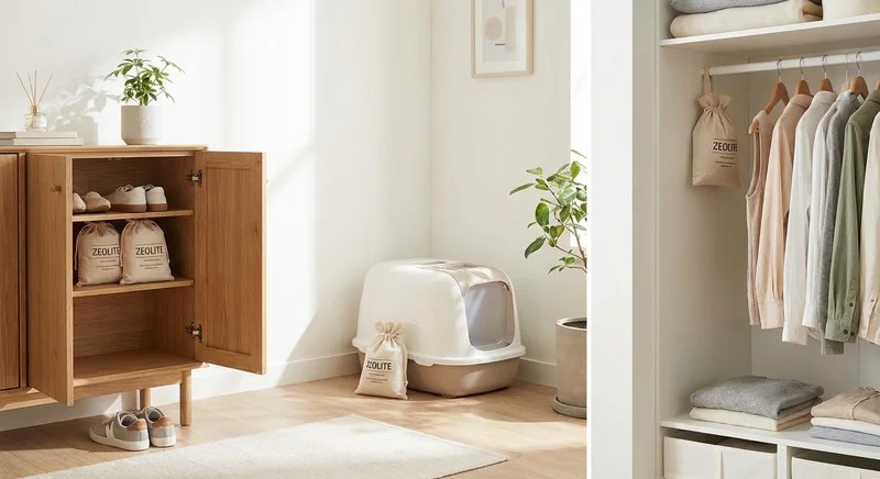 신발장, 고양이 화장실, 옷장 속 제올라이트 파우치 배치