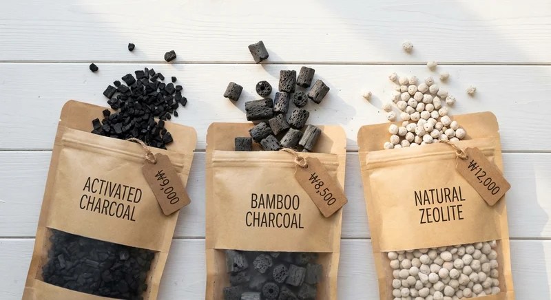 흰 배경에 놓인 활성탄, 대나무 숯, 제올라이트 탈취제 3종