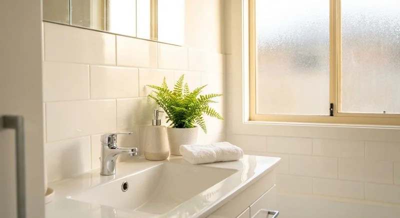 깨끗하게 청소된 욕실, 빛나는 타일과 싱그러운 식물