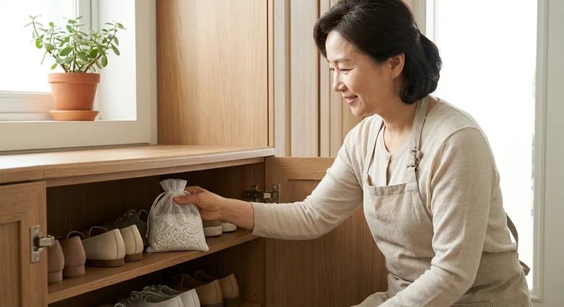 집안에서 신발장 안에 제올라이트 백을 넣는 한국 주부