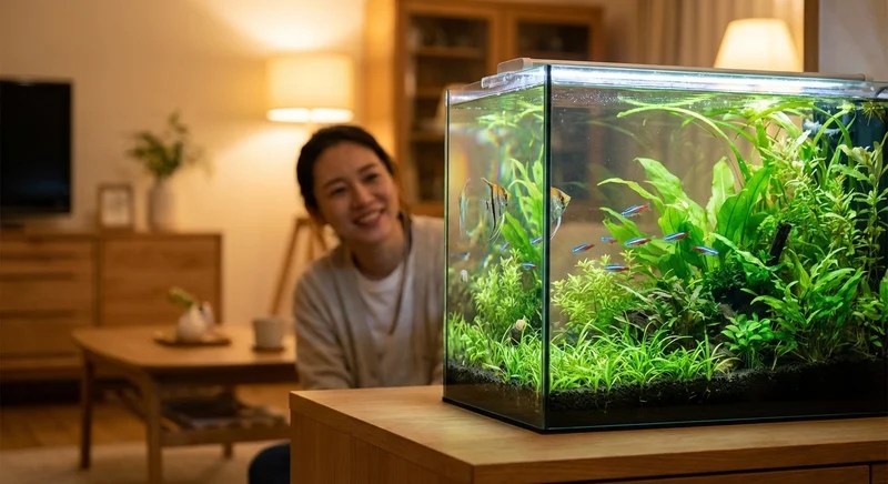 건강하고 활기찬 열대어 수족관, 행복한 주인