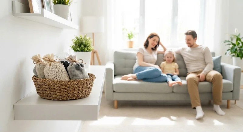 밝은 거실, 선반 위 제올라이트와 숯 주머니, 자연광